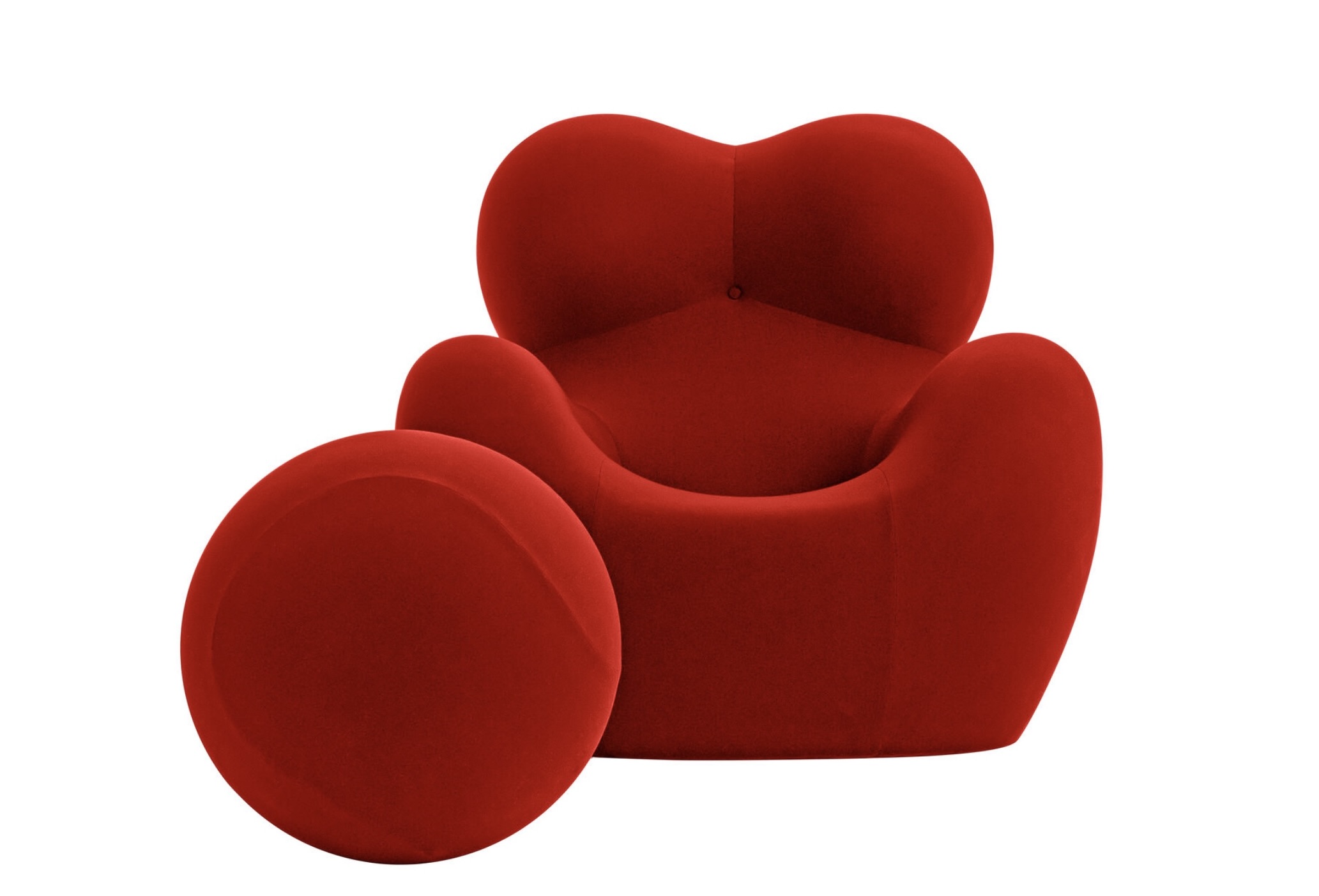 B&B Italia Serie UP 2000 Armchair and Ottoman in red jersey fabric, designed by Gaetano Pesce, showcasing its anthropomorphic, sculptural form